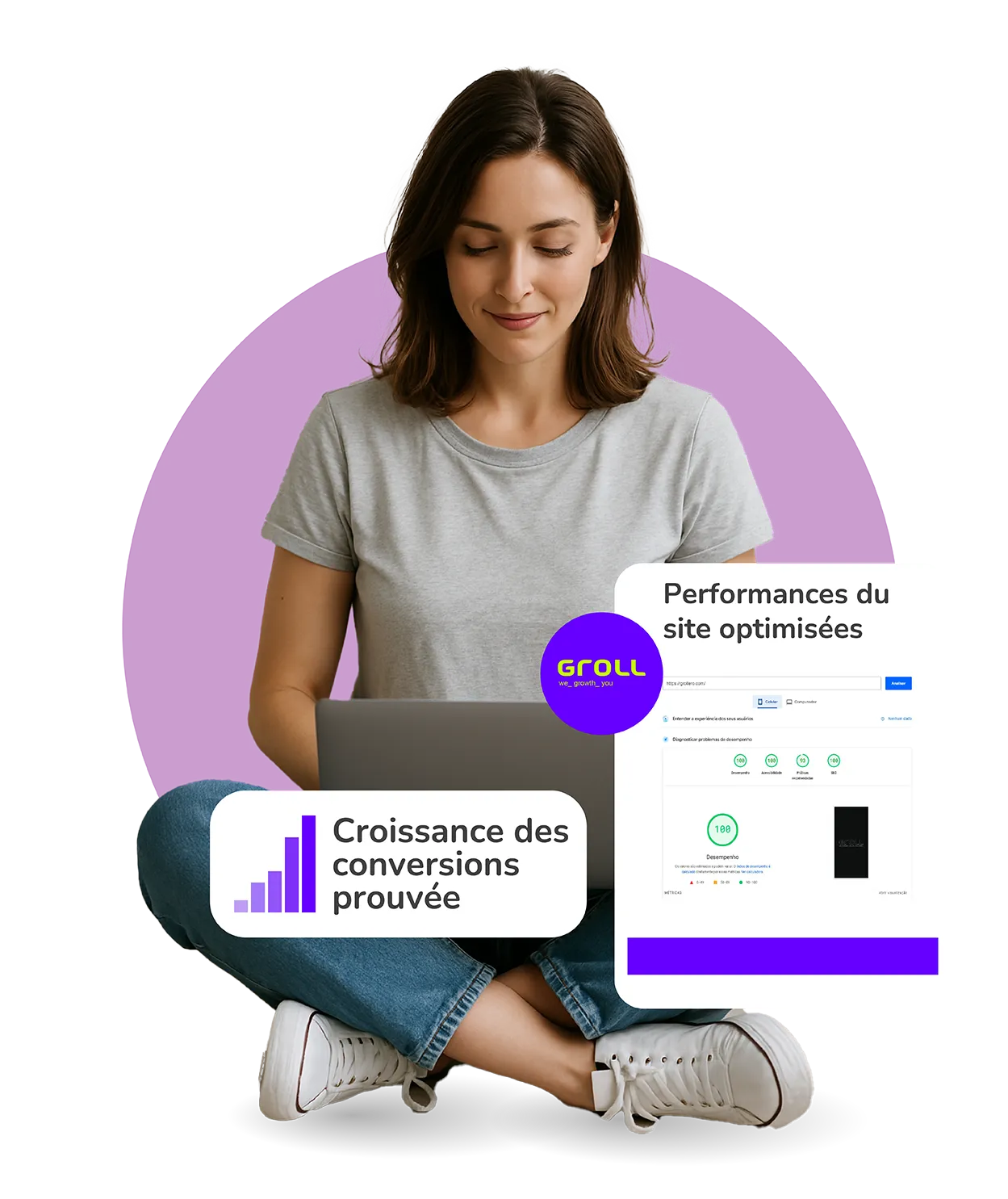 Immagine LP Groll alta conversione fr Donna con laptop rappresenta l’efficacia di udei siti web performanti, sicuro e ottimizzato per la crescita online.
