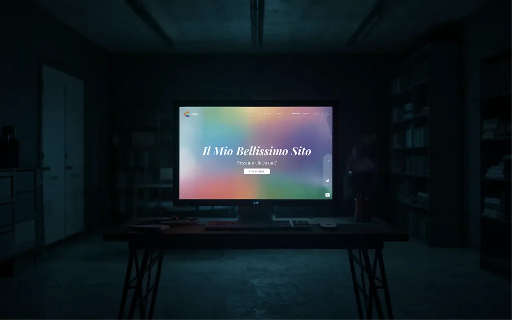 Schermo acceso con un sito web colorato in una stanza buia, simbolo di sito web gratis senza visibilità